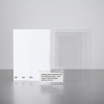 Durable Non Lamination Sheet with Heat Resistance 130°C - 160°C for Laser and Inkjet Printing in White and Transparent Colors and A4, A3, A3+ Sizes